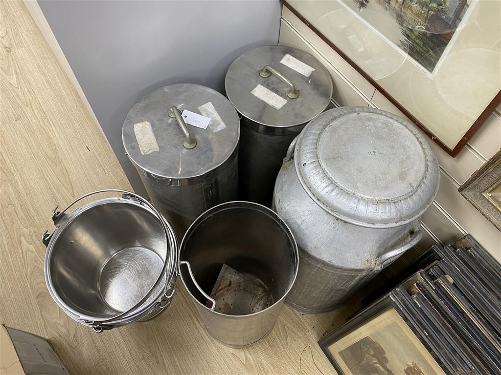 Three stainless steel cylindrical food containers, a galvanised steel churn and four stainless steel buckets